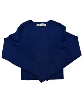 Zara Navy Blue Long Sleeve Knit Crop Light Sweater - Size S